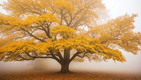 Autumn trees in the misty forest. Beautiful nature background.の素材