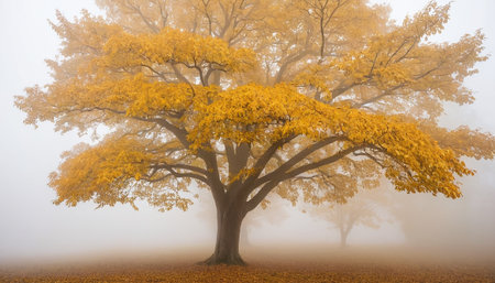 Autumn landscape with misty deciduous tree in the parkの素材