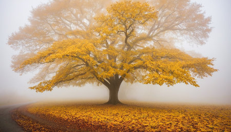 Foggy autumn landscape with old tree in foggy forest.の素材