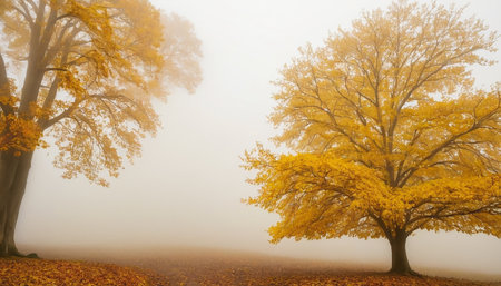 Autumn landscape with fog in the park. Trees with yellow leavesの素材