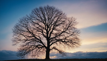Silhouette of a tree at sunset in the countryside, UKの素材