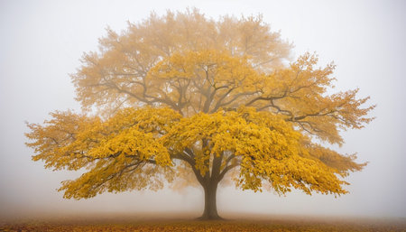Autumnal tree with yellow leaves on a foggy day.の素材