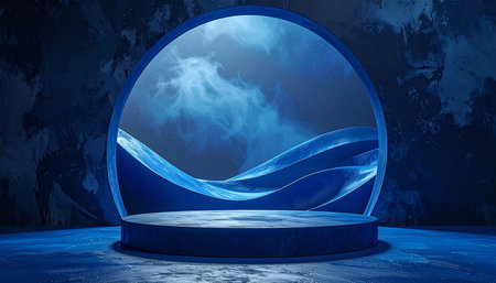 Podium for product presentation with blue smoke on dark background. 3D renderingの素材