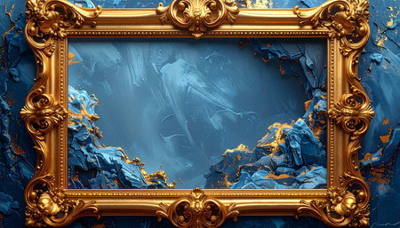 Golden frame on a blue background. 3d rendering, 3d illustration.の素材