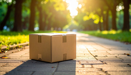 Cardboard box on the road in the park. Delivery service conceptの素材
