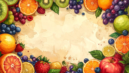Fruits and berries frame on old paper background. Vector illustration.の素材