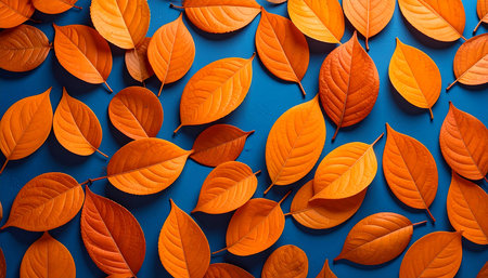 Autumn orange leaves pattern on blue background. Flat lay, top viewの素材