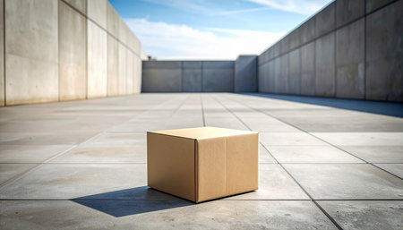 Empty cardboard box on the floor of a modern building. 3d renderingの素材