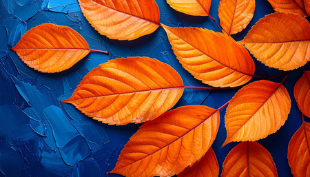 Colorful autumn leaves on blue background. Flat lay, top view.の素材