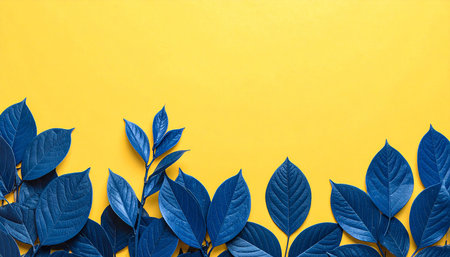 Blue leaves on yellow background. Flat lay, top view, copy spaceの素材
