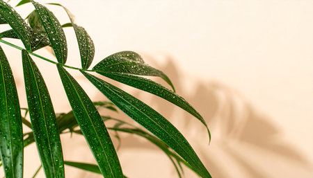 Green leaves of palm tree with drops of dew on a light backgroundの素材