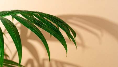 Green palm leaf with shadow on beige wall. Close up.の素材