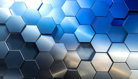 3d rendering of abstract metallic background with hexagons in blue colorの素材