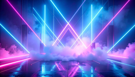 abstract scene with neon lights and smoke, 3d render illustrationの素材