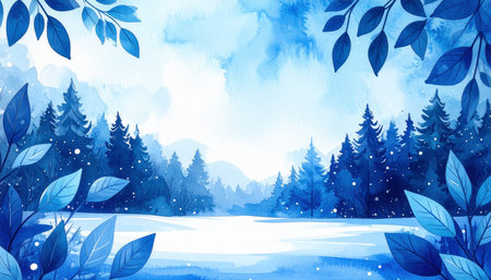 Winter forest landscape. Watercolor painting. Hand drawn vector illustration.の素材