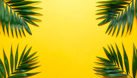 Tropical palm leaves on yellow background. Flat lay, top view.の素材