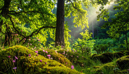 Morning in the forest. The sun shines through the trees and flowers.の素材