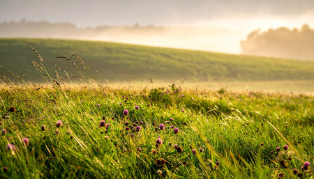 Morning fog over the meadow with clover flowers in the foregroundの素材