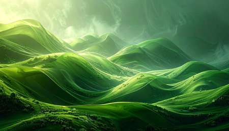 Fantasy landscape with green hills and fog. 3D illustration.の素材