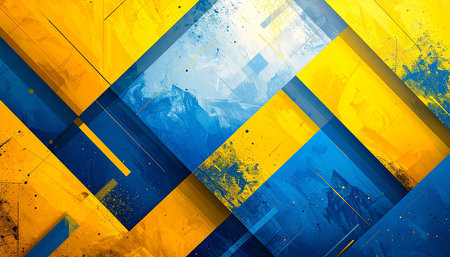 abstract blue and yellow background with grunge brush strokes and stainsの素材