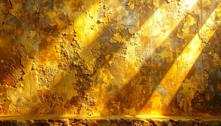 Sunlight on the grunge yellow wall. Abstract background and texture.の素材