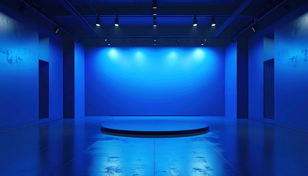 3D rendering of blue empty room with stage and spotlights.の素材