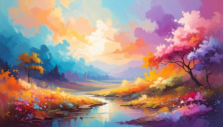 Autumn landscape with river, trees and flowers. Vector illustration.の素材
