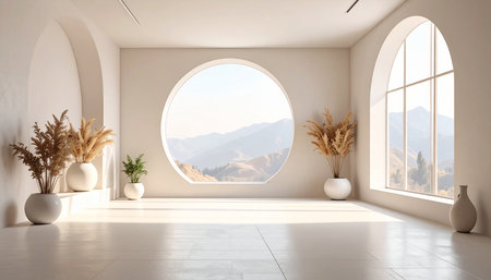 Interior of a living room with a large window and a view of the mountains. 3d renderingの素材