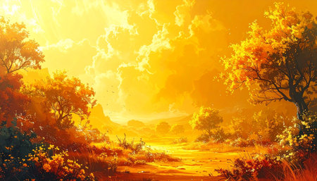 Autumn landscape with trees, meadow and sunset. Digital paintingの素材