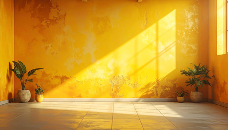 3d render of an empty room with yellow wall and plants.の素材