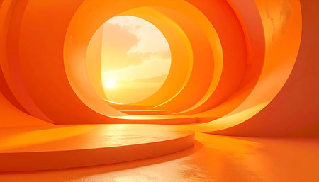 Abstract orange background with round podium and sky. 3d render illustrationの素材