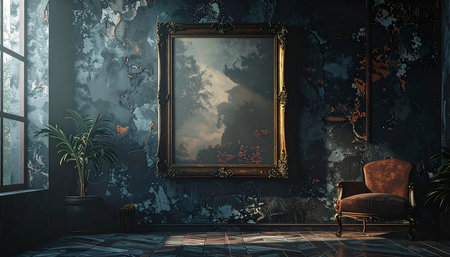 Vintage interior with empty picture frame and armchair. 3d renderの素材