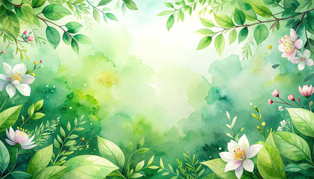 Watercolor spring background with white flowers and green leaves. Watercolor hand drawn illustration.の素材