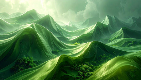 Abstract green landscape with mountains and clouds. 3d render illustration.の素材