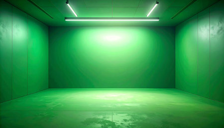 green empty room with lights and spotlights, abstract background, 3d renderの素材