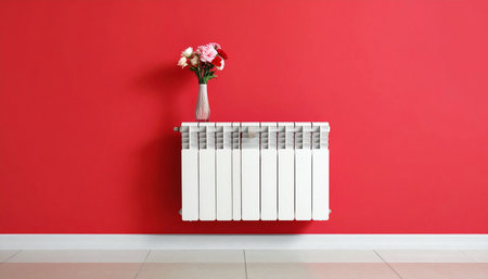 Heating radiator with flowers on color wall background, closeup of photoの素材