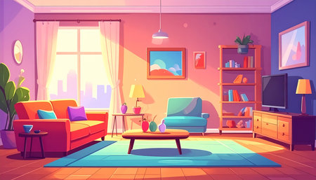 Living room interior with furniture, sofa, coffee table, bookshelf, lamp and window, cartoon vector illustrationの素材