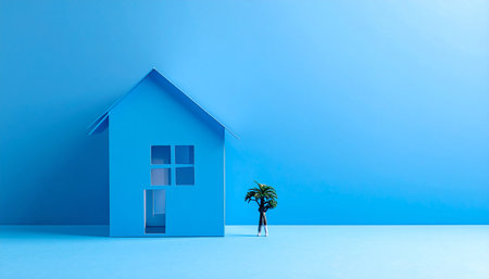 3d rendering of a person standing near a blue house with a palm treeの素材