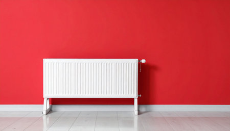 White radiator on a red wall in a room with laminate floorの素材