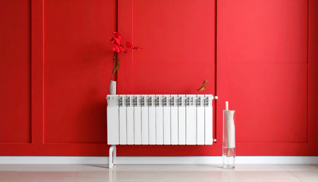 White radiator near red wall, close-up. Interior design conceptの素材