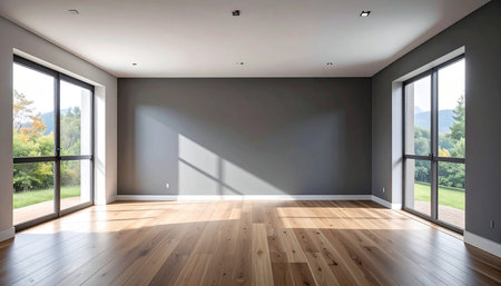 interior modern bright room with white walls, wooden floor and windowの素材