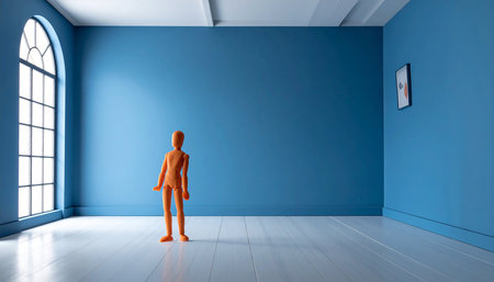 Orange mannequin standing in empty room with blue walls and windowsの素材