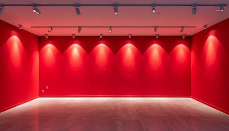 Empty room with red wall and spotlights. 3d rendering.の素材