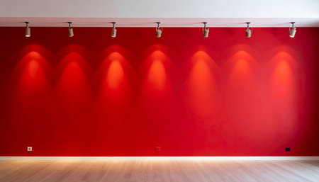 Red wall with spotlights in the interior of a room with wooden floorの素材