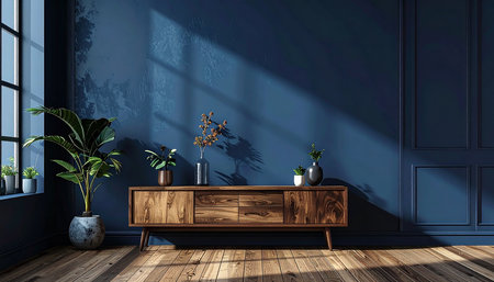 Interior of modern living room with blue walls, wooden floor, dark wooden cabinet and plant. 3d renderingの素材
