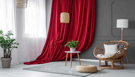 Interior of modern living room with wicker armchair, carpet and lampの素材