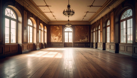 Interior of an old empty room with large windows. 3d renderingの素材