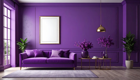 Purple living room interior with purple sofa, coffee table and plant - 3d renderingの素材