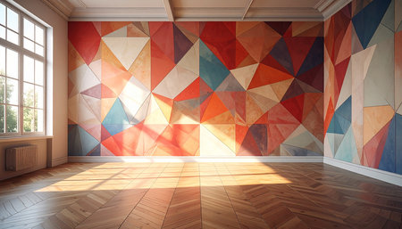 Empty room with orange and red geometric pattern. 3D Renderingの素材