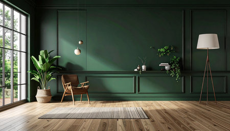 Green living room interior with wooden floor, armchair and plant. 3d renderingの素材